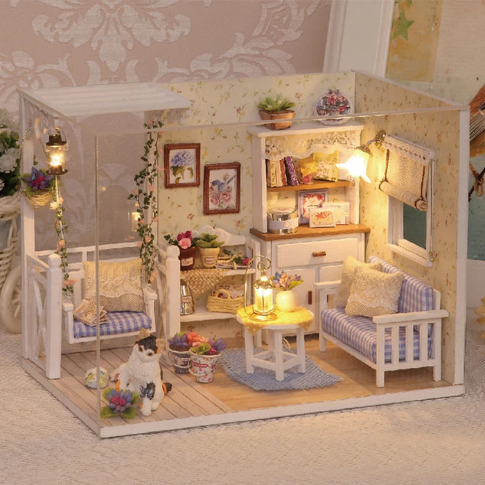 Kitten Mini casa delle bambole in legno Kit di costruzione di modelli Kit di casa giocattolo decorazione della camera da letto della stanza creativa con mobili per regalo di compleanno