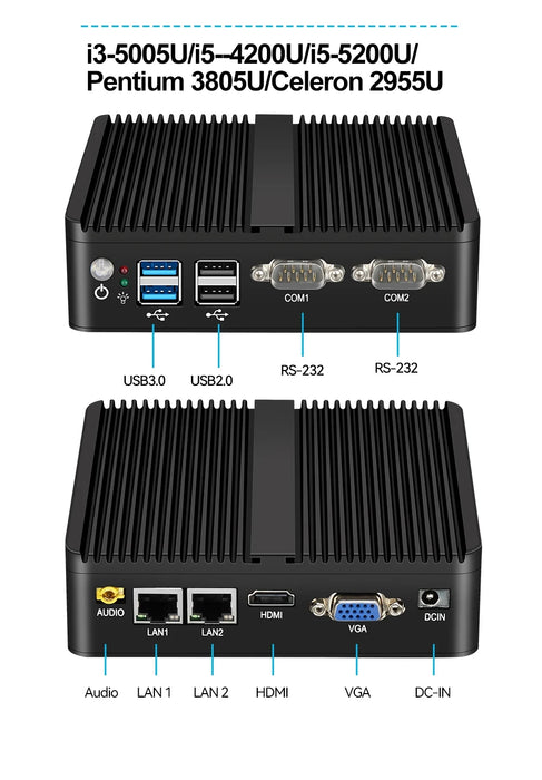 Mini PC senza ventola Intel Celeron J6412 2xGigabit Ethernet 2x RS232/RS485 HDMI VGA Mini PCIE WiFi/4G 6x USB Supporto Windows Linux