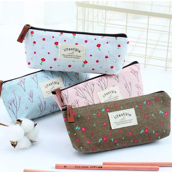 Cute Kawaii Floral Flower Canvas Zipper Pencil Cases Lovely Fabric Flower Tree Pen Bags materiale scolastico spedizione gratuita