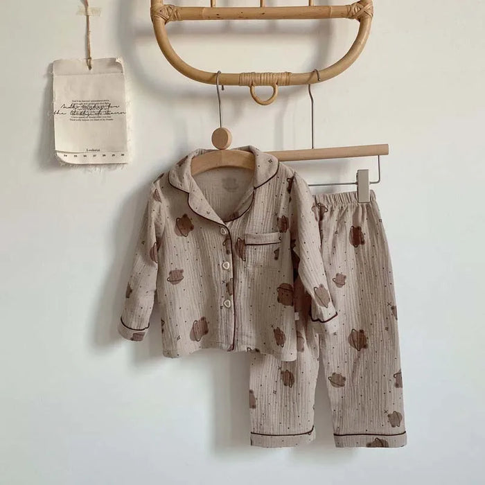 2 pezzi autunno nuovi pigiami per bambini coreano manica lunga stampa orso cardigan e pantaloni indumenti da notte in filato musline di cotone