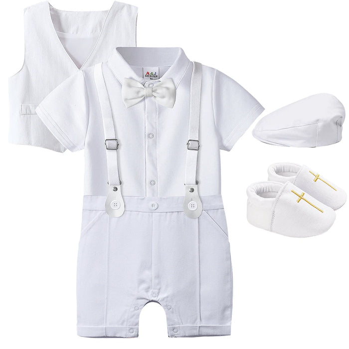 Baby Boys Battesimo Outfit Infantile Matrimonio Gentleman Set Battesimo Abito formale per festa di compleanno Reggicalze Papillon Pagliaccetto