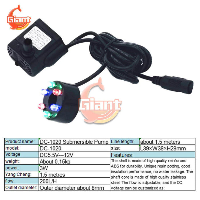 DC5.5-12V 3W pompa ad acqua sommergibile luci a LED colorate pompa per fontana da giardino piscine stagno prato Decor