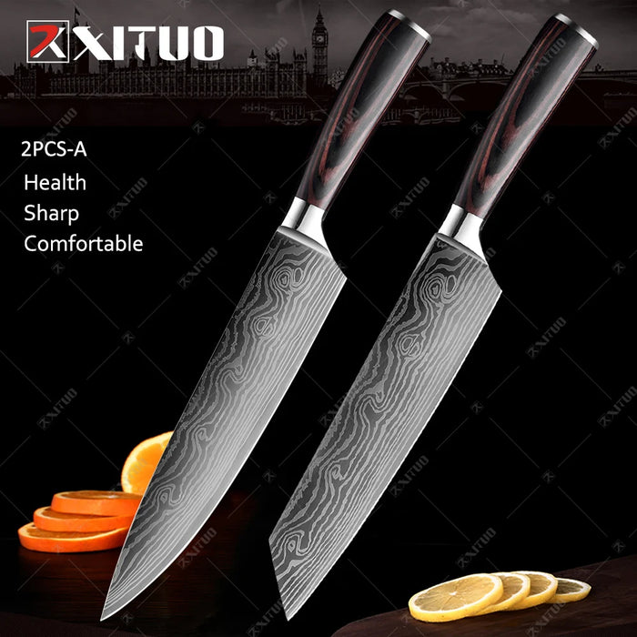 Set di coltelli da cucina premium Coltello da chef giapponese affilato Coltello Santoku con motivo damasco laser Mannaia da taglio molto veloce 1-10 pezzi