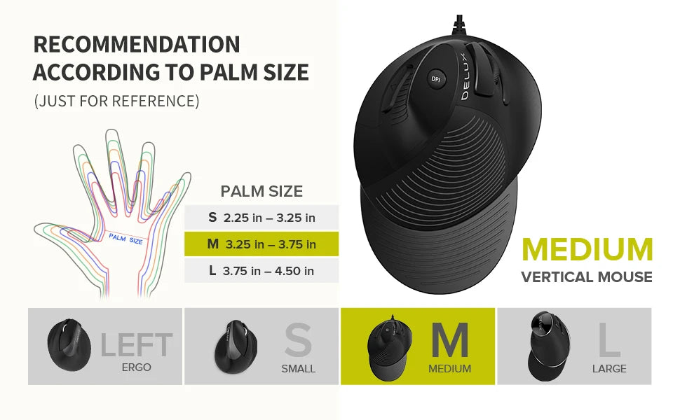 Delux M618XU Mouse da ufficio verticale ergonomico Silent Click 4000DPI Mouse destro con rimozione Palm Wrist per PC Laptop Computer
