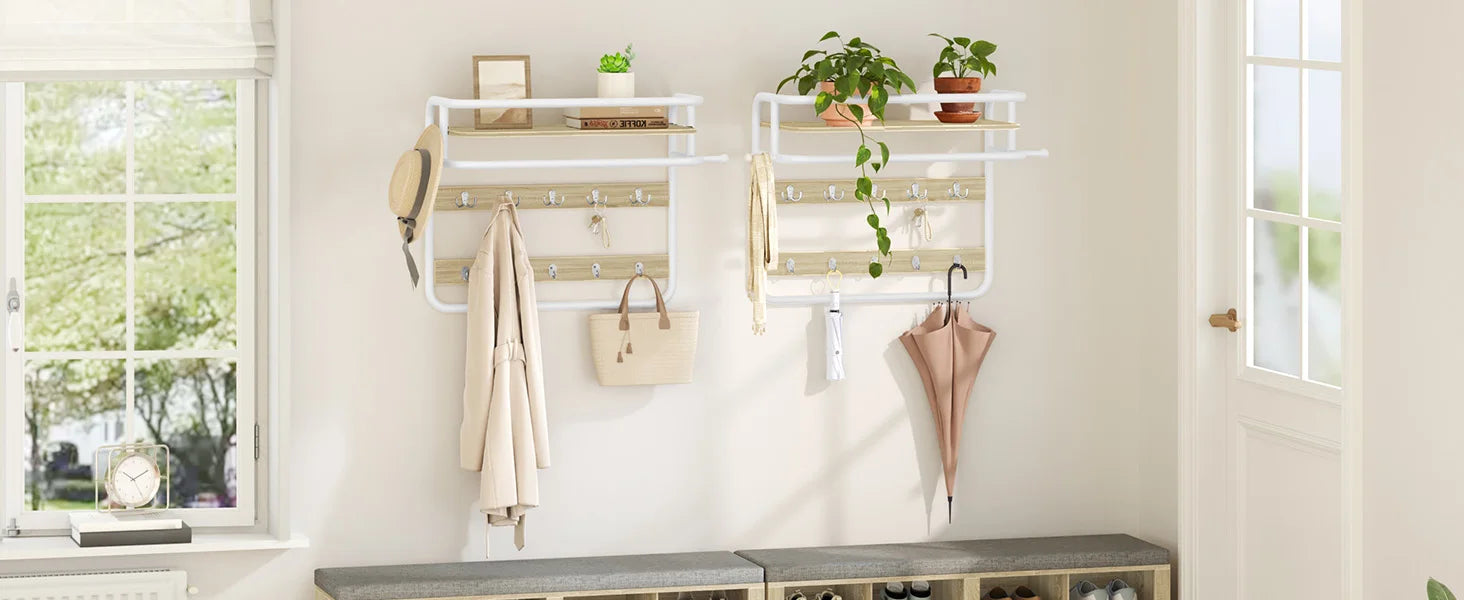 Appendiabiti da parete con ripiano, mensola da parete con 10 ganci rimovibili, 2 ganci di fissaggio laterali, 1 binario, per corridoio, camera da letto