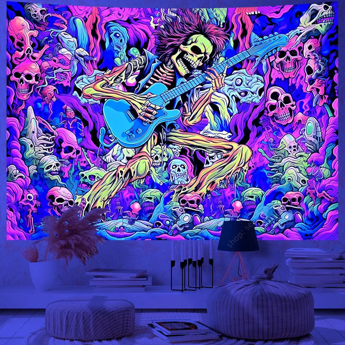 Teschio psichedelico arazzo reattivo UV Hippie scheletro arazzo appeso a parete gotico decorazioni per la casa decorazioni per la stanza forniture per stregoneria