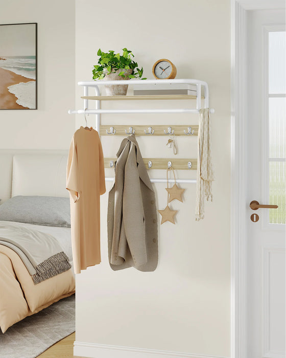 Appendiabiti da parete con ripiano, mensola da parete con 10 ganci rimovibili, 2 ganci di fissaggio laterali, 1 binario, per corridoio, camera da letto