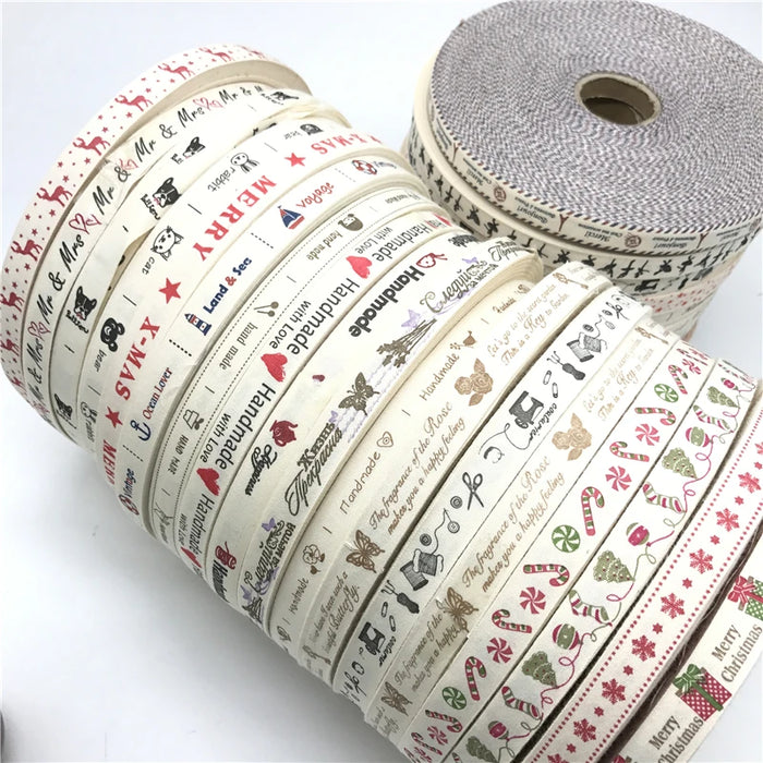 5 Yards/lot 15mm Nastro di cotone Design fatto a mano Nastri di cotone stampati per la decorazione natalizia di nozze Tessuto da cucito fai da te