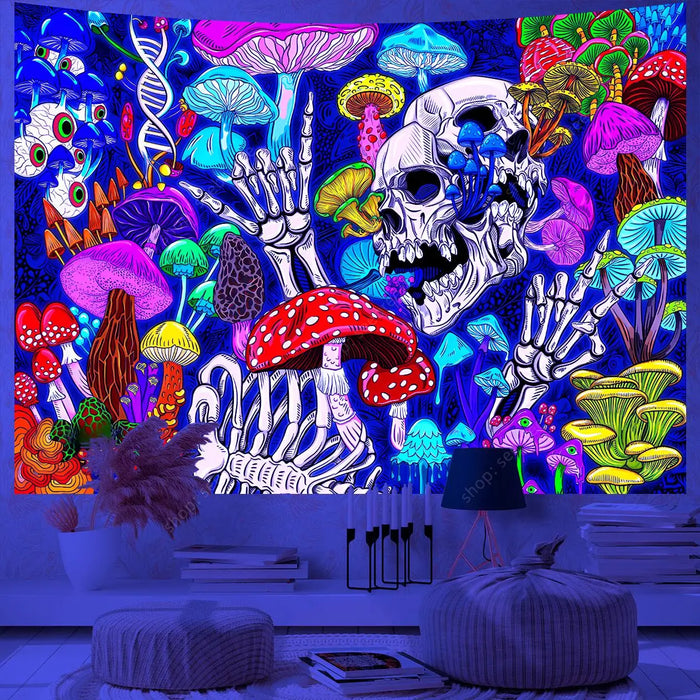 Teschio psichedelico arazzo reattivo UV Hippie scheletro arazzo appeso a parete gotico decorazioni per la casa decorazioni per la stanza forniture per stregoneria