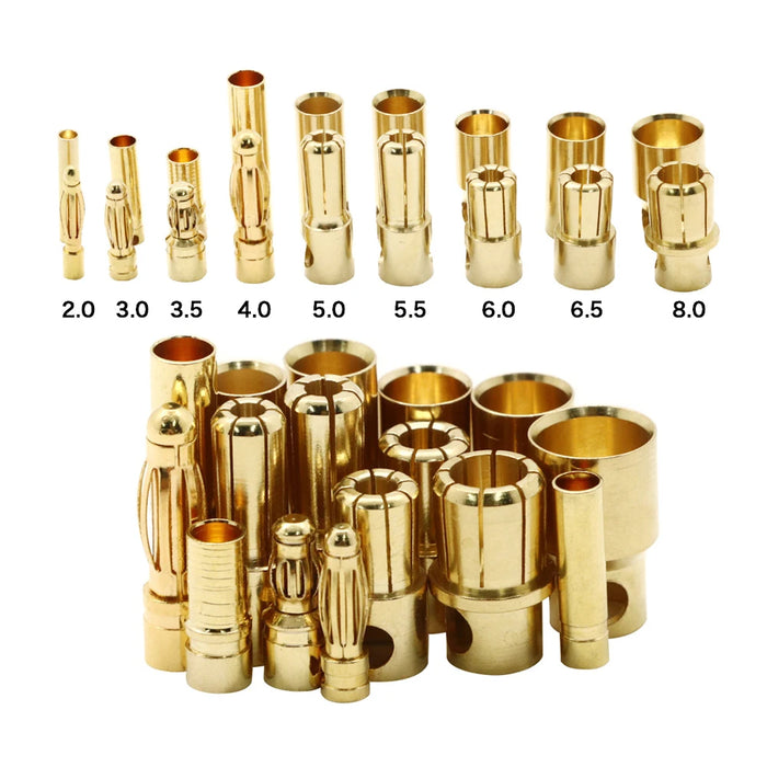 10 paia/lotto 2.0/3.0/3.5/4.0/5/5.5/6/6.5/8mm Gold Bullet Banana connettori spina per Lipo batteria RC ESC motore accessori fai da te giocattolo