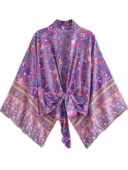 Boho Vintage stampa floreale spiaggia estate Kimono corto donna moda donna Casual scollo a V maniche a pipistrello bohémien Cover-up