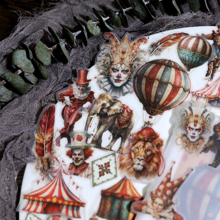 58pcs Retro Clown Stickers Collage Junk Journal Planner decorativo Circus Lion Stickers Album trasparente materiale Scrapbooking