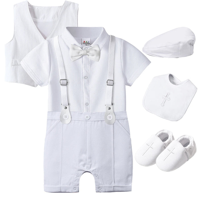 Baby Boys Battesimo Outfit Infantile Matrimonio Gentleman Set Battesimo Abito formale per festa di compleanno Reggicalze Papillon Pagliaccetto