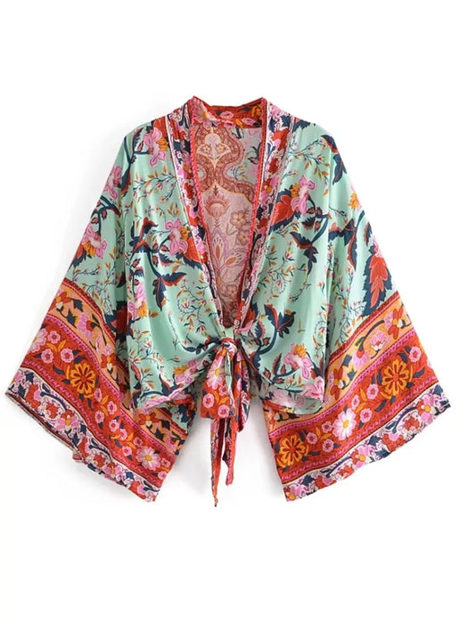 Boho Vintage stampa floreale spiaggia estate Kimono corto donna moda donna Casual scollo a V maniche a pipistrello bohémien Cover-up