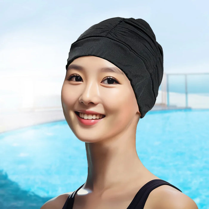 Cuffia da nuoto per capelli lunghi da donna sexy da donna, cappello elasticizzato, drappeggio, cuffia da bagno, drappeggio, sport elasticizzato, piega al mare