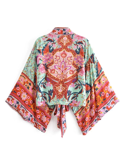 Boho Vintage stampa floreale spiaggia estate Kimono corto donna moda donna Casual scollo a V maniche a pipistrello bohémien Cover-up