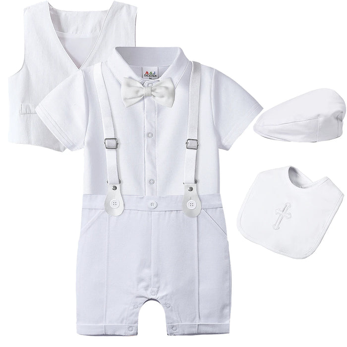 Baby Boys Battesimo Outfit Infantile Matrimonio Gentleman Set Battesimo Abito formale per festa di compleanno Reggicalze Papillon Pagliaccetto