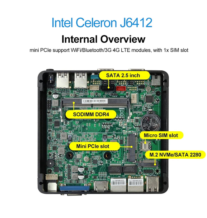 Mini PC senza ventola Intel Celeron J6412 2xGigabit Ethernet 2x RS232/RS485 HDMI VGA Mini PCIE WiFi/4G 6x USB Supporto Windows Linux