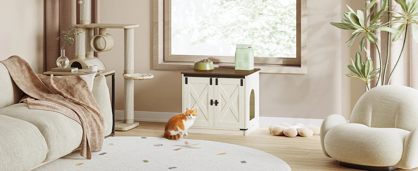Lettiera per Gatti con Divisorio Rimovibile, Casetta per Gatti, Ingresso Reversibile Sinistra o Destra, Mobiletto Laterale, Marrone Vintage/Bianco