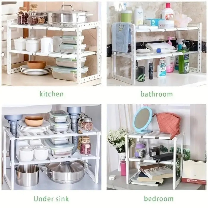 Scaffali dell'organizzatore dell'armadio, ripiani impilabili del bancone della cucina, organizzatore e contenitore dell'armadio, organizzatore della dispensa