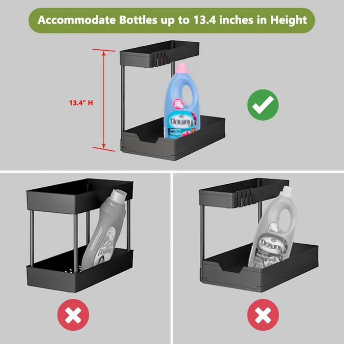 Organizzatori e contenitori sotto il lavandino, organizzazione del bagno della cucina a forma di L, contenitore scorrevole a 2 livelli sotto l'organizzatore dell'armadio del lavandino
