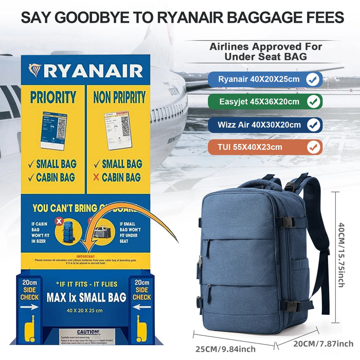 Zaino da viaggio Borsa da cabina Ryanair per aereo a breve distanza 40x20x25 Zaino Donna Uomo Borsa per laptop per scuola per il tempo libero Bagaglio da trasporto
