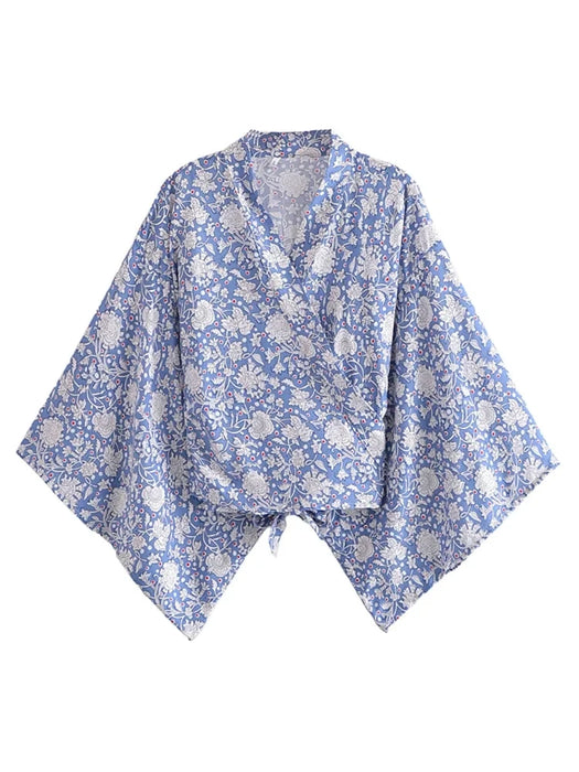 Boho Vintage stampa floreale spiaggia estate Kimono corto donna moda donna Casual scollo a V maniche a pipistrello bohémien Cover-up
