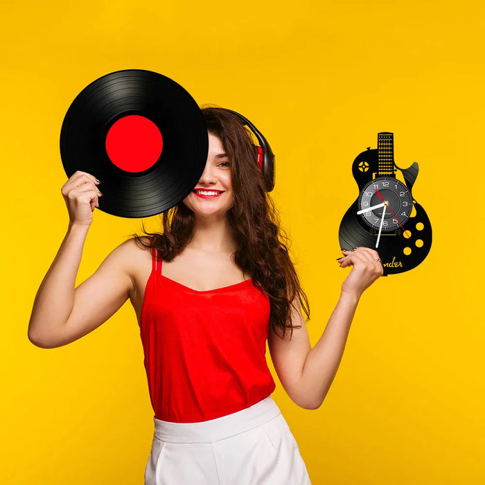 Chitarra acustica Wall Art orologio da parete strumento musicale Home Interior Wall Decor vinile Record orologio da parete Rock n Roll regalo musicale