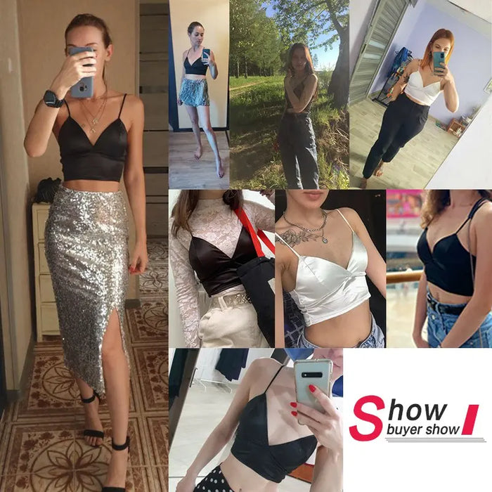 Sexy Satin Crop Top donna Wireless Bralette Crochet Top femminile Spaghetti Strap t-shirt ritagliata con petto imbottito canotta Camis