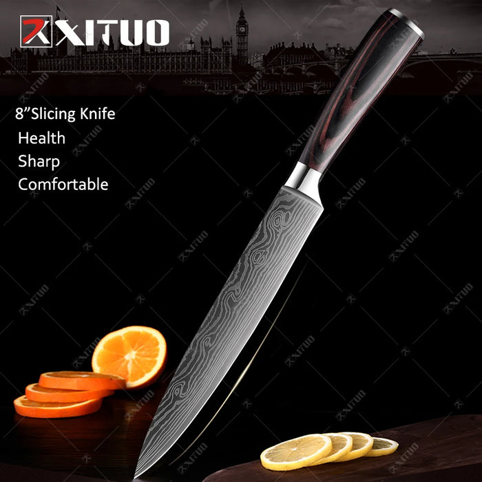 Set di coltelli da cucina premium Coltello da chef giapponese affilato Coltello Santoku con motivo damasco laser Mannaia da taglio molto veloce 1-10 pezzi