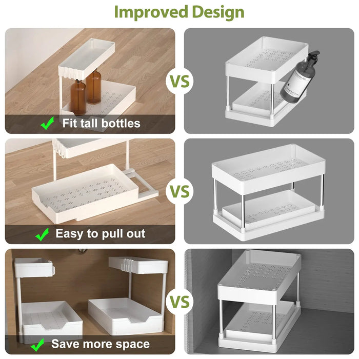 Organizzatori e contenitori sotto il lavandino, organizzazione del bagno della cucina a forma di L, contenitore scorrevole a 2 livelli sotto l'organizzatore dell'armadio del lavandino