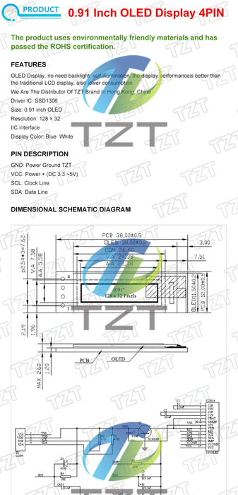 TZT Modulo OLED da 0,91 pollici Bianco/Blu OLED 128X32 OLED Modulo display LCD a LED 0,91 "IIC Comunicare per Arduino ROHS