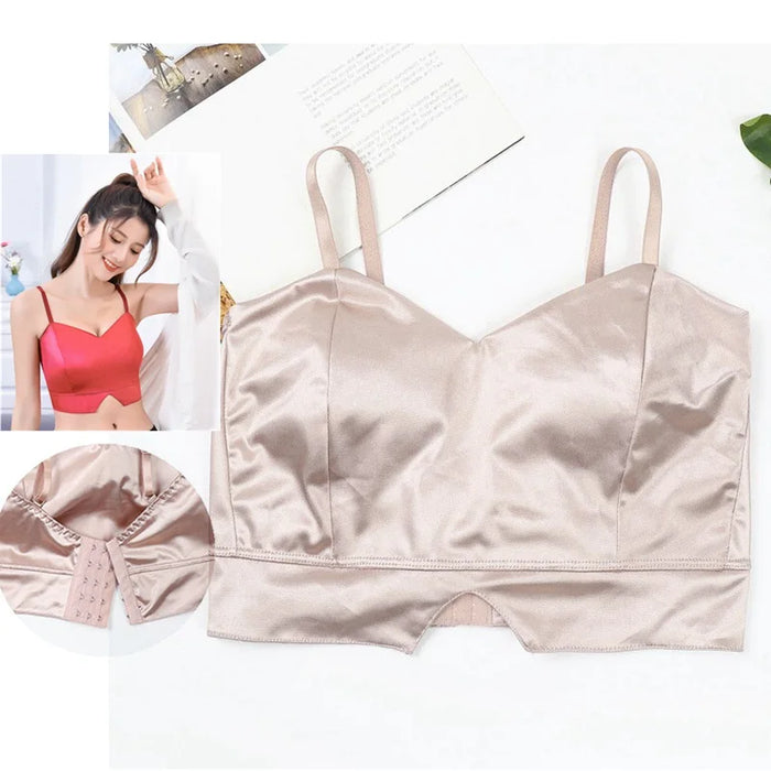 Sexy Satin Crop Top donna Wireless Bralette Crochet Top femminile Spaghetti Strap t-shirt ritagliata con petto imbottito canotta Camis