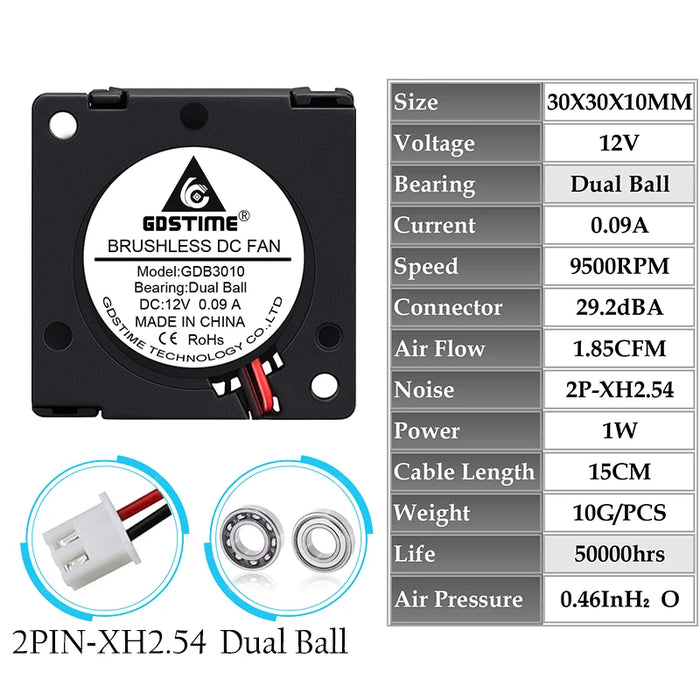 2 pezzi Gdstime DC 5V 12V 24V 30x30x10mm manica doppia sfera 1 pollice piccolo Mini ventilatore ventola di raffreddamento 30mm x 10mm 3cm 3010 stampante 3D