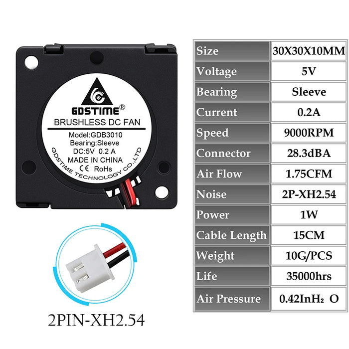 2 pezzi Gdstime DC 5V 12V 24V 30x30x10mm manica doppia sfera 1 pollice piccolo Mini ventilatore ventola di raffreddamento 30mm x 10mm 3cm 3010 stampante 3D