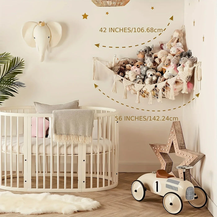 Grande amaca portaoggetti per bambole - Organizzatore di giocattoli di peluche con frange, simpatico rete di peluche appesa per la decorazione della camera da letto dei bambini Puntelli per la fotografia