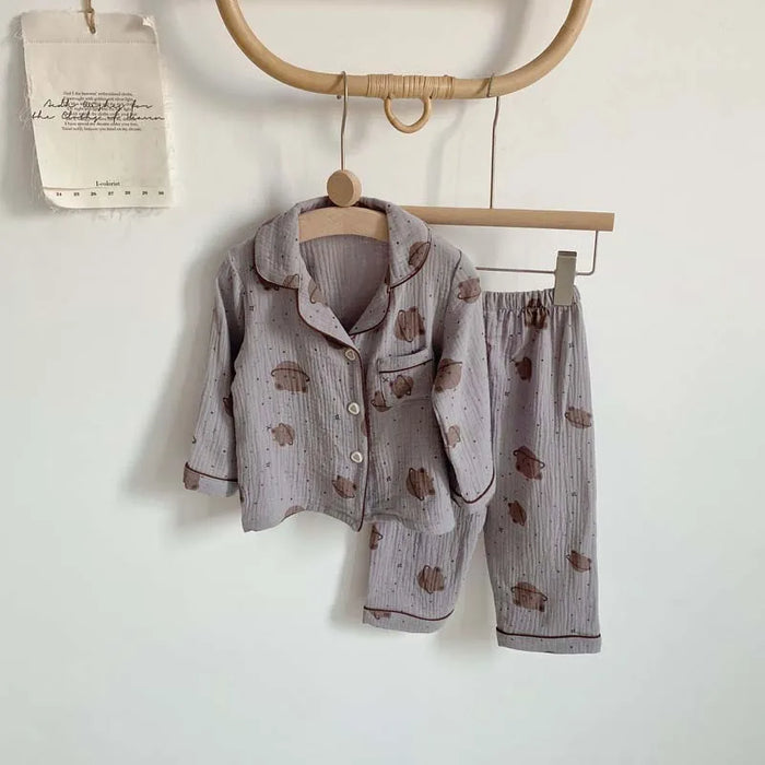 2 pezzi autunno nuovi pigiami per bambini coreano manica lunga stampa orso cardigan e pantaloni indumenti da notte in filato musline di cotone
