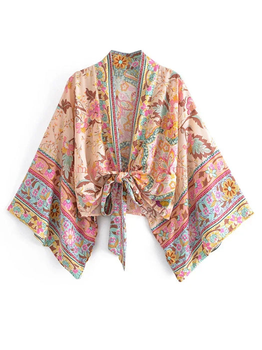 Boho Vintage stampa floreale spiaggia estate Kimono corto donna moda donna Casual scollo a V maniche a pipistrello bohémien Cover-up