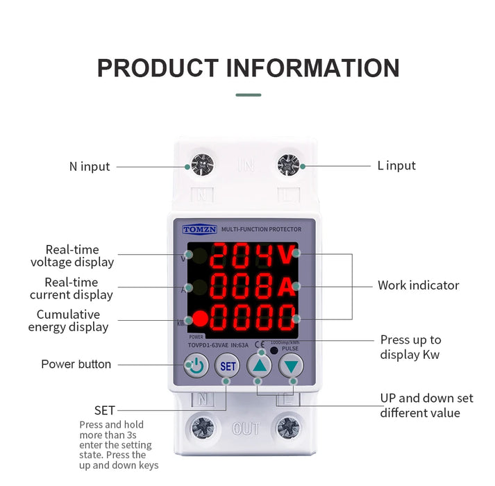 60A 230V Din Rail Regolabile Sopra E Sotto Tensione Dispositivo di Protezione Protector Relay con Sopra La Corrente di Protezione Voltmetro