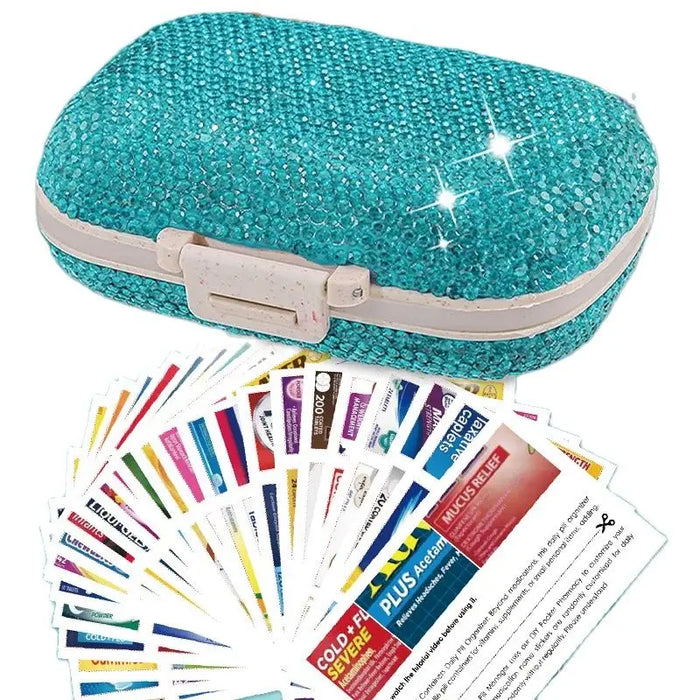 1PC Pill Organizer con 175 etichette medicinali 8 scomparti Travel Essentials portapillole Mini Organizer per farmaci con strass