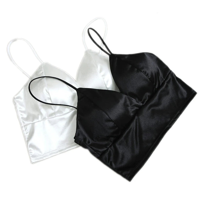 Sexy Satin Crop Top donna Wireless Bralette Crochet Top femminile Spaghetti Strap t-shirt ritagliata con petto imbottito canotta Camis