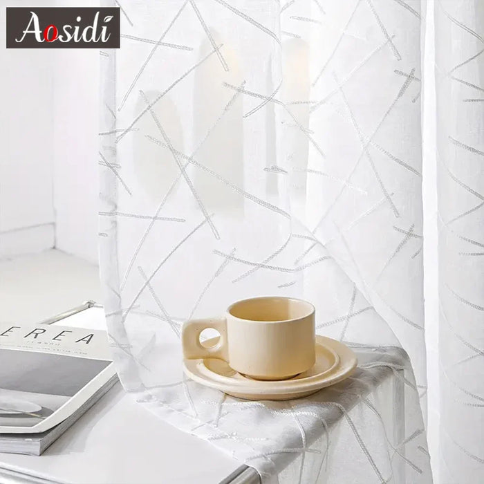 Nuove tende in tulle con ricamo bianco geometrico per il soggiorno Tenda trasparente moderna per finestra della camera da letto Voile cieco Dimensioni personalizzate