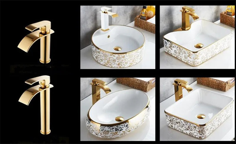 Rubinetto per lavabo rubinetto per cascata in oro e bianco rubinetto per bagno in ottone rubinetto per lavabo da bagno rubinetto per miscelatore rubinetto per lavabo caldo e freddo