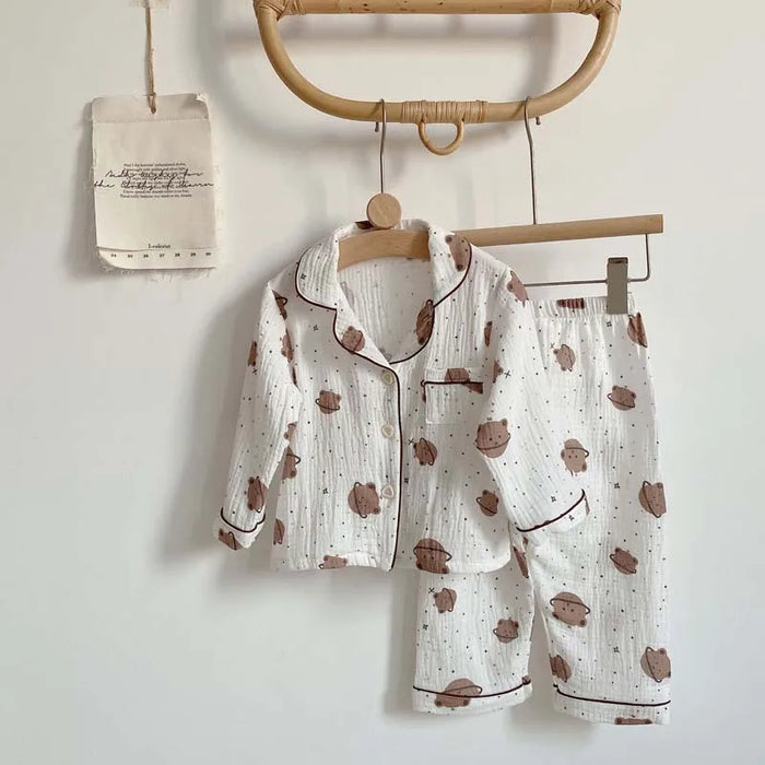 2 pezzi autunno nuovi pigiami per bambini coreano manica lunga stampa orso cardigan e pantaloni indumenti da notte in filato musline di cotone
