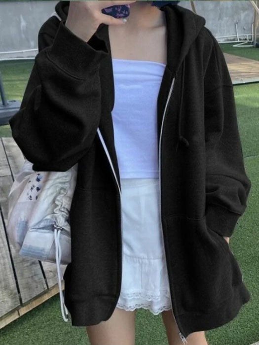 Duomofu stile coreano Oversize grigio felpe con cappuccio donna Streetwear sciolto felpa con cappuccio femminile Casual nero manica lunga top giacca