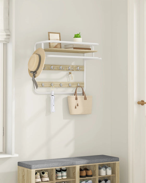 Appendiabiti da parete con ripiano, mensola da parete con 10 ganci rimovibili, 2 ganci di fissaggio laterali, 1 binario, per corridoio, camera da letto