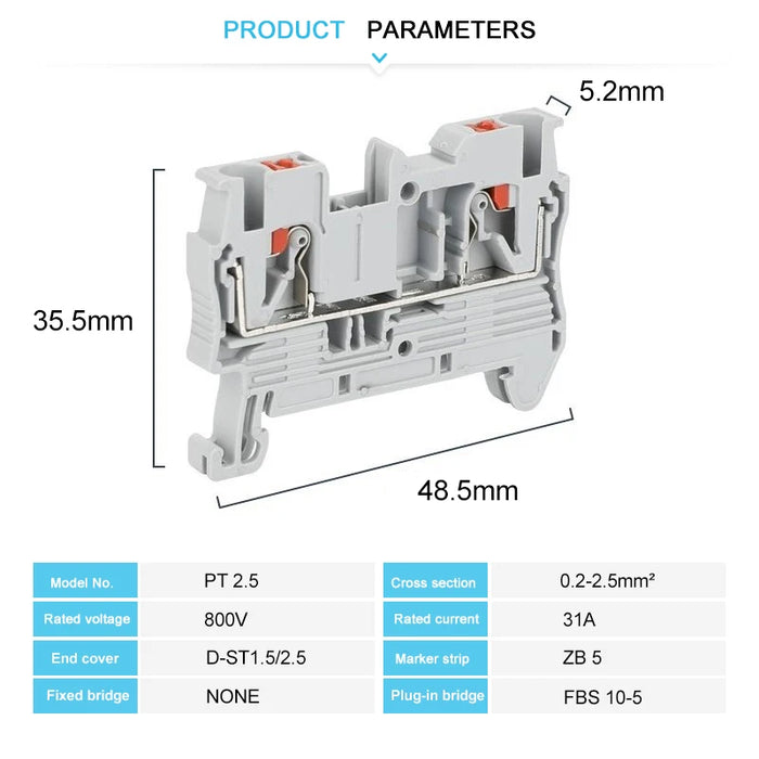 10 Pz PT 2.5 Push-in Terminale 2.5mm2 Cavo Connettore Elettrico Morsettiera Su Guida DIN Spina Striscia di Alimentazione PT2.5 PT-2.5