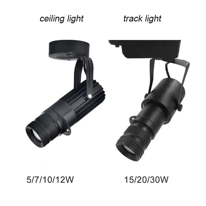 Faretti zoom da palcoscenico per teatro, luci a binario per proiettore con logo con messa a fuoco a LED, luci Gobo industriali per matrimoni in negozi di ristoranti aziendali