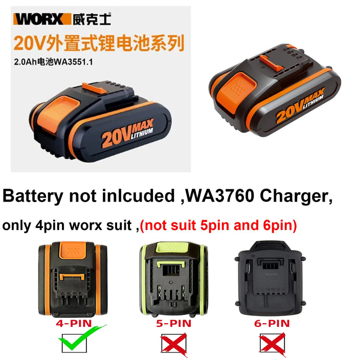 Caricabatterie Worx WA3760 per batteria al litio da 20 V 4 pin WA3551.1 WA3572 WA3550 WA3553 ecc (SPINA UE)