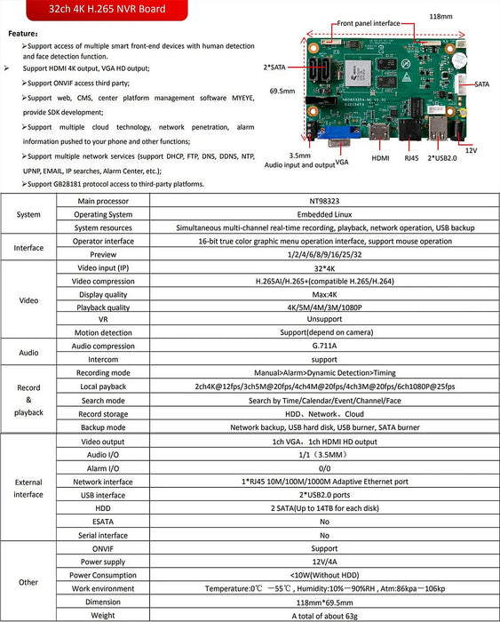 10/16/32CH * 4K H.265 NVR Network Vidoe Recorder Scheda DVR Face Motion Detect Telecamera IP Linea SATA ONVIF ICsee XMEYE P2P
